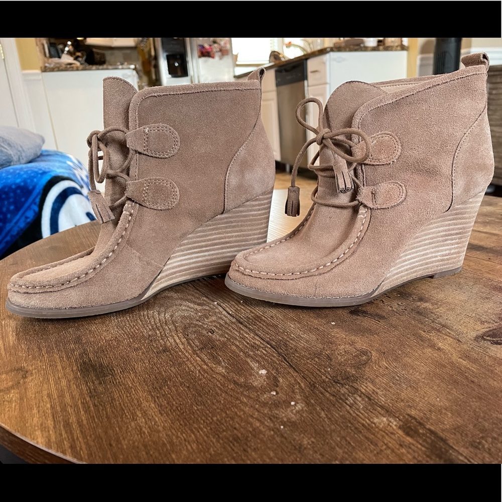 Tan suede Lucky Brand wedge booties. Worn once indoors. Like new. Size 6.5.